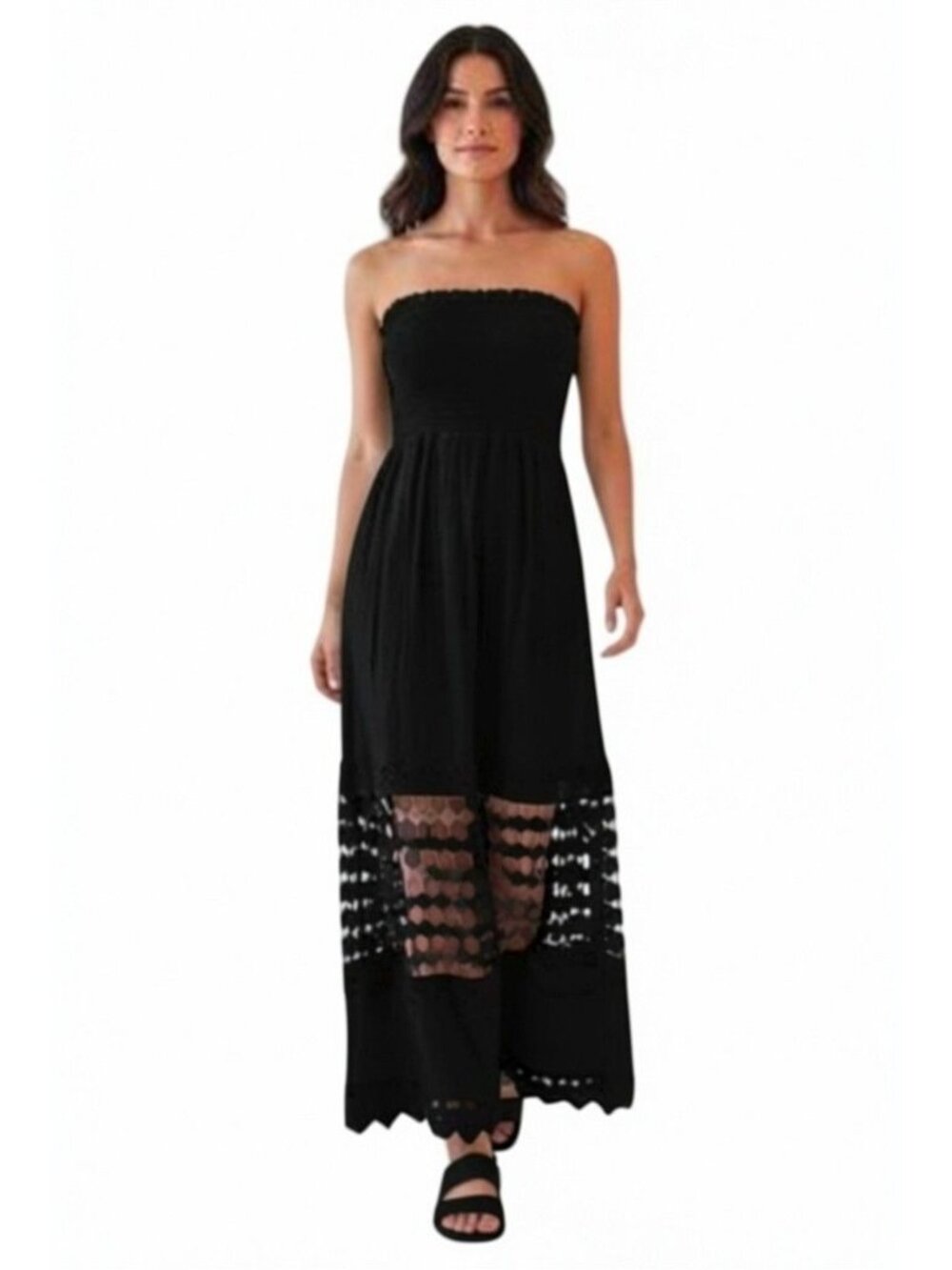 Justify Black Strapless Smocked Crocheted Maxi Dress Size L Sexy Summer Wedding - Picture 10 of 10
